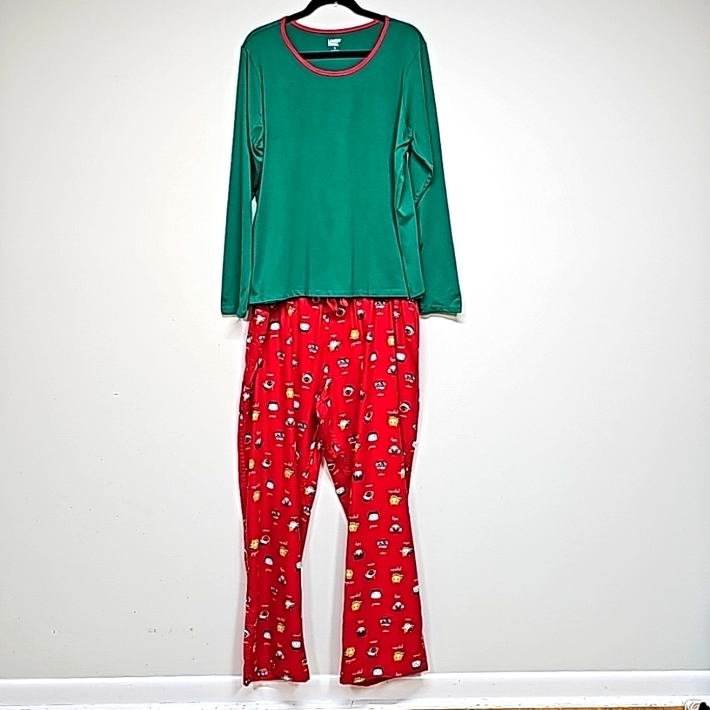 Lands' End PJ Set Knit Long Sleeve T-Shirt and Flannel Pants, Holiday Cats XL 18